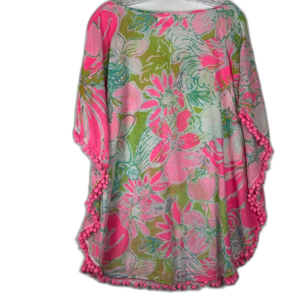 Classic Whimsy Floral Pink & Green Pom Pom Kaftan Cover Up Tropical Floral S/M - Picture 2 of 6